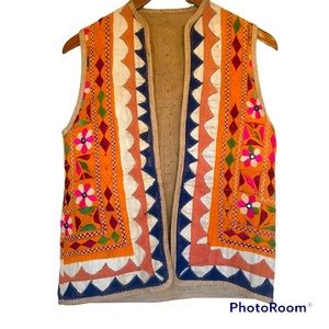 Handmade vest vintage boho medium hand stitched embroidered sequins